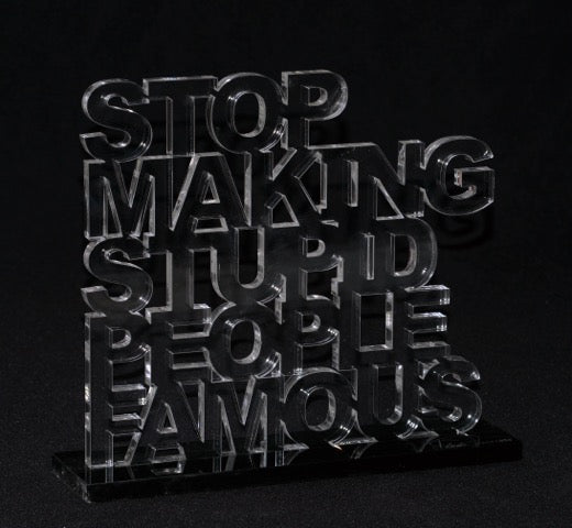 Art sculpture- clear acrylic - stop making stupid people famous